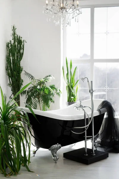 Lüks malikanede büyük pencereli modern siyah beyaz banyo.