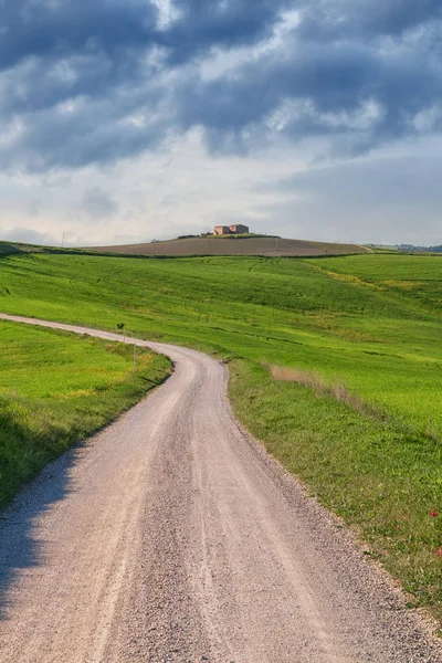 Typická krajina Toskánska a silnice, zelené kopce jarní — Stock fotografie