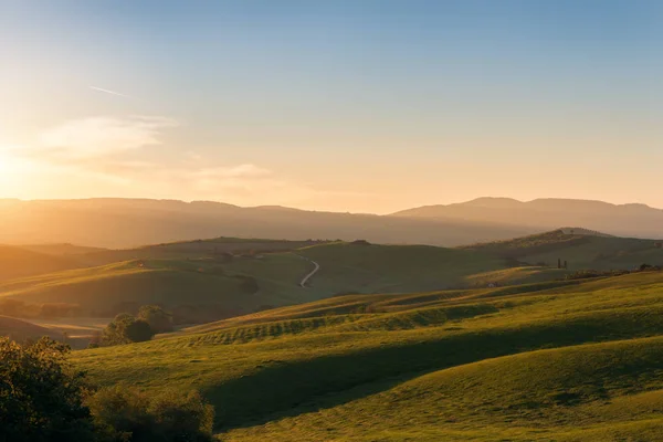 Typische toskanische Landschaft, grüne Hügel Frühling bei Sonnenuntergang — Stockfoto