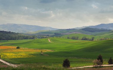 Tuscany manzara, güzel yeşil tepeler bahar