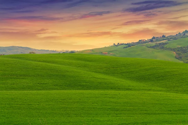 Toscana paisaje, hermosas colinas verdes primavera al amanecer —  Fotos de Stock