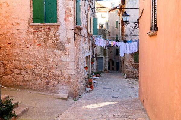 Calm, peaceful little tight narrow streets and colorful houses o