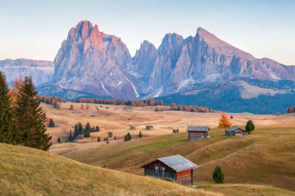 Montaña prado y casa Alpe di Siusi o Seiser Alm en el bac —  Fotos de Stock