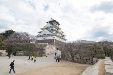 Osaka, Japonya - 2 Şubat 2016: turist ziyaret Osaka Kalesi kış Osaka, Japonya