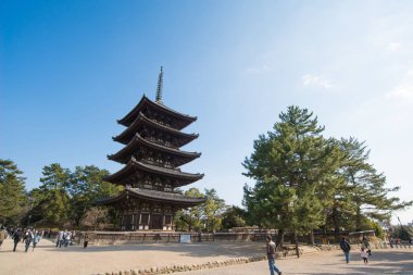 Nara, Japonya-Ocak 31, 2016:Old ahşap pagoda Kofukuji Tapınağı'nda
