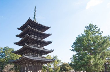 Nara, Japonya-Ocak 31, 2016:Old ahşap pagoda Kofukuji Tapınağı'nda. Bu bir Unesco Dünya Mirası sitesidir..
