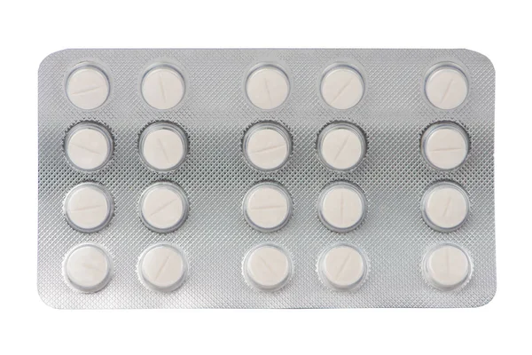 Vita medicinska tabletter i blisterförpackning — Stockfoto