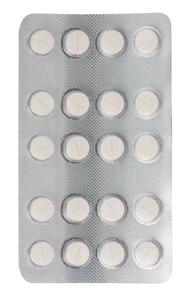Vita medicinska tabletter i blisterförpackning — Stockfoto