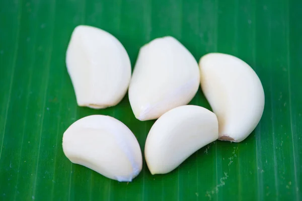 Gepelde teentjes knoflook op het groene blaadje — Stockfoto