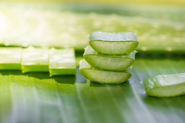 Aloe vera yığın yeşil muz yaprağına dilimlenmiş