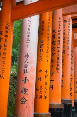 KYOTO, JAPONYA - 12 Eylül 2018: Japonya 'nın Kyoto kentindeki Fushimi Inari-taisha türbesinde kırmızı torii