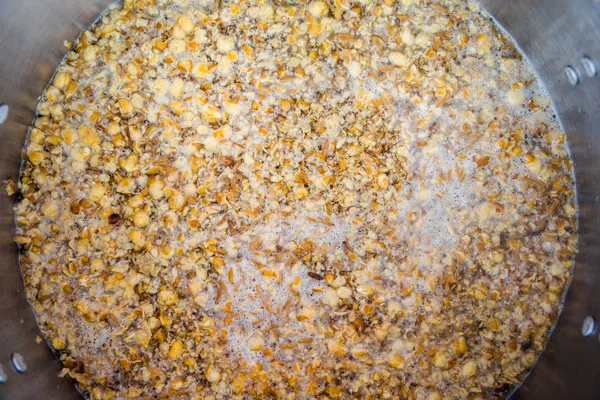 Mashing in un bollitore in acciaio inox una crema di birra Ale — Foto Stock