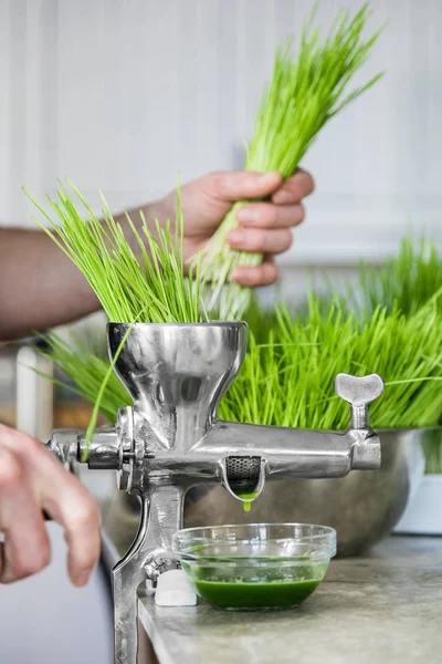 Extracción de hierba de trigo en acción en la encimera de la cocina —  Fotos de Stock