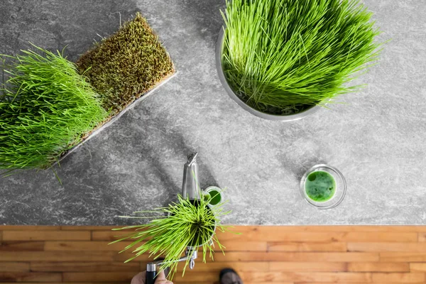 Extracción de hierba de trigo en acción en la encimera de la cocina — Foto de Stock