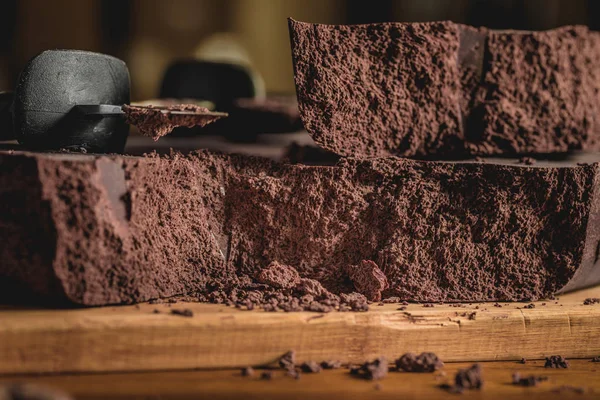 Close-up of Big Chocolate Block and knife. — Stock Photo, Image