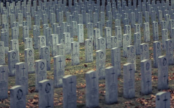 Montreal, Canada - November 30, 2017: The Royal Canadian Regiment and The First World War - 1914-1919 Montreal Mount Royal Cemetery during a Cold Cloudy Evening of Autumn