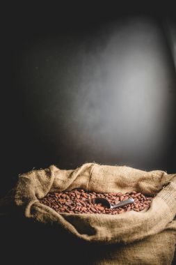 Canvas bag with delicious roasted cacao beans on black background.
