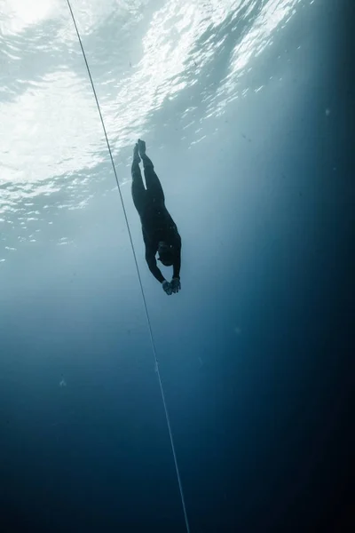 哥伦比亚的圣安德斯岛 2017年3月 Freediver 潜水和跟随生命线在深蓝的圣安德斯岛 哥伦比亚 — 图库照片