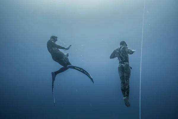 哥伦比亚的圣安德斯岛 2017年3月 Freediver 和他的安全潜水员潜水 并一直跟随生命线在深蓝色的圣安德斯岛 哥伦比亚 — 图库照片