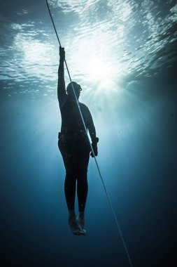San Andres Adası, Kolombiya - Mart 2017 yaklaşık: Freediver dalış ve aşağıdaki Life Line derin mavi San Andres Adası, Kolombiya ne zaman istersen.