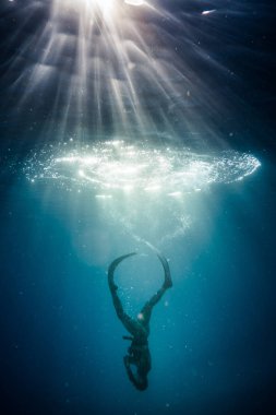 San Andres Adası, Kolombiya - Mart 2017 yaklaşık: Cristal Clear Karayip okyanusa Freediver tarafından gerçekleştirilen su içine ışık ve mükemmel ördek dalış şaşırtıcı