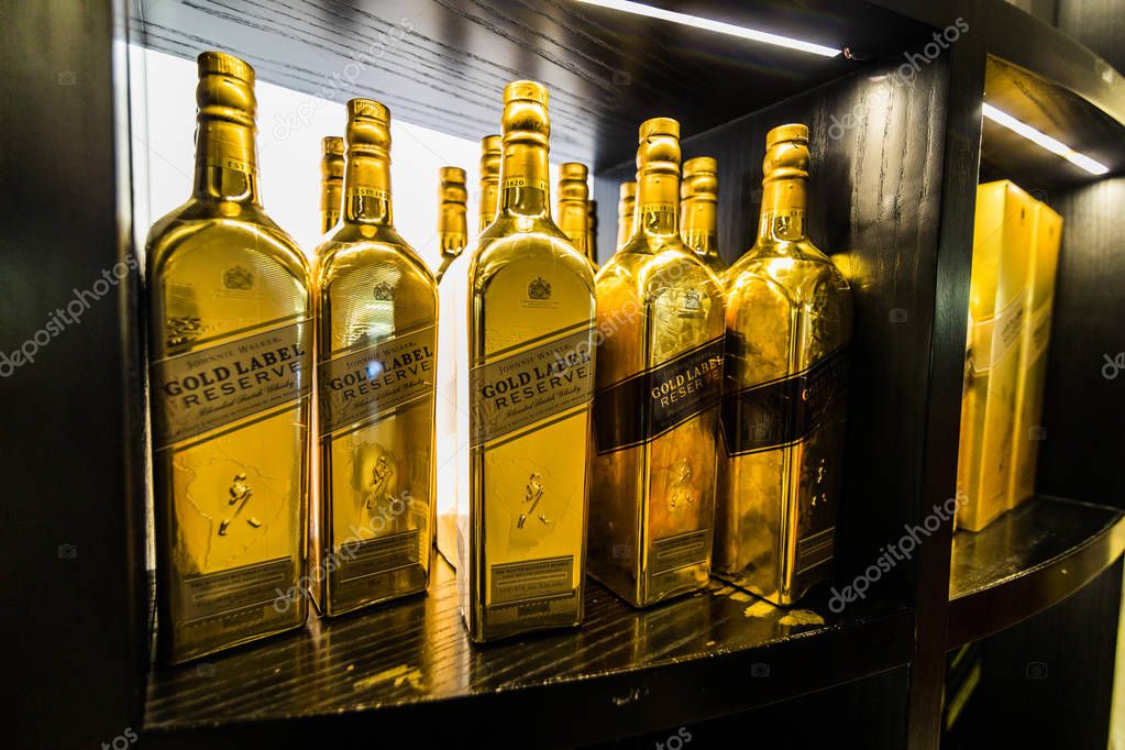 SAN ANDRES ISLAND, Colombia - Circa March 2017: Johnnie Walker Gold Label and Bottle Display at San Andres Airport