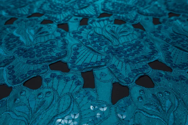 Piękne Zbliżenie Niebieskiej Koronki Tkaniny Tekstylnym Tłem Tekstury — Zdjęcie stockowe