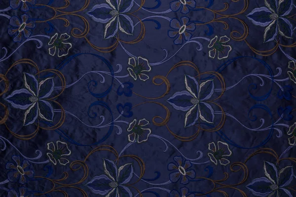Επισκόπηση Του Μπλε Υφάσματος Floral Σχέδιο Και Υφασμάτινη Υφή Φόντο — Φωτογραφία Αρχείου
