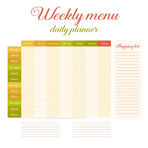 Menú de comida semanal planificador diario — Vector de stock