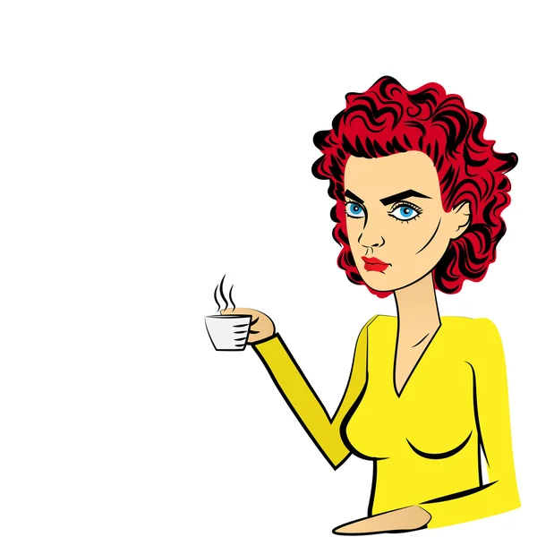 Angry woman red hair pop art drinking coffee — Stock Vector