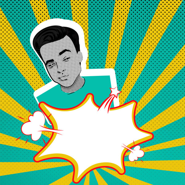 Attractive man pop art makes selfie duck face