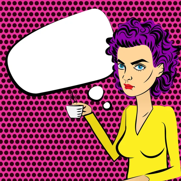 Angry woman purple hair pop art drinking coffee — Stock Vector