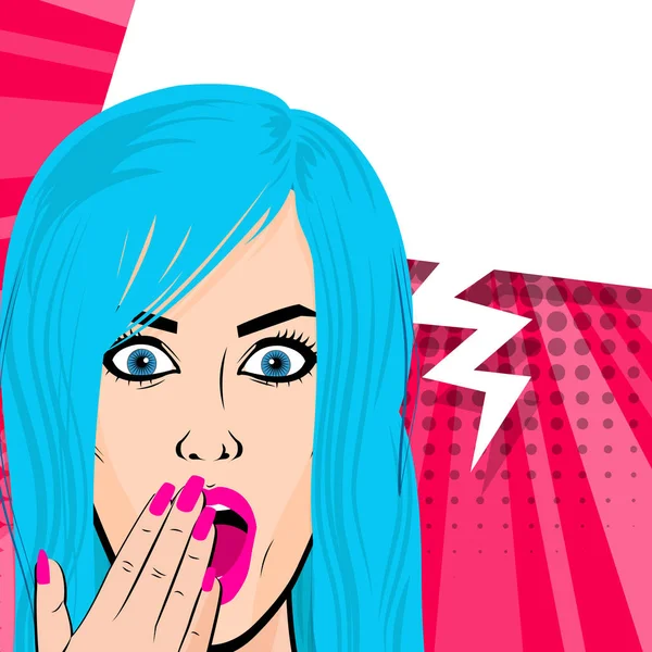 Jovem feliz azul cabelo menina pop arte ponto — Vetor de Stock