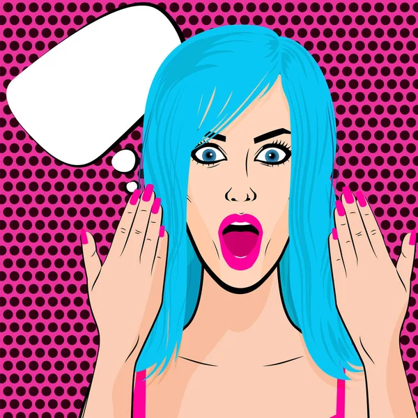 Surpris bleu fille de cheveux pop art demi-teinte — Image vectorielle