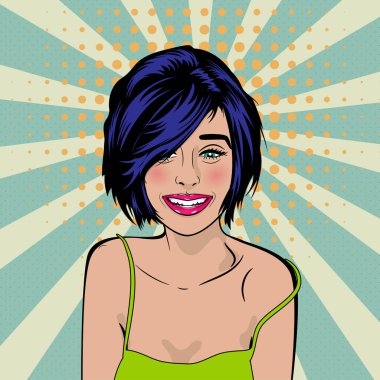 Mavi saçlı kız gülümseyerek kadar seksi pop sanat PIN