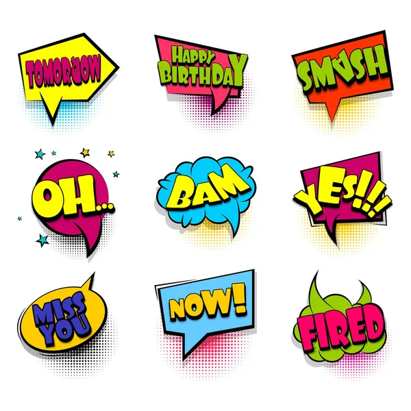 Collection 9 comic text speech bubble phrase — Stock Vector