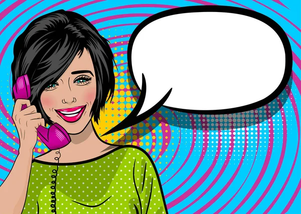 Pop arte cartoon mulher segurar mão retro telefone falar — Vetor de Stock
