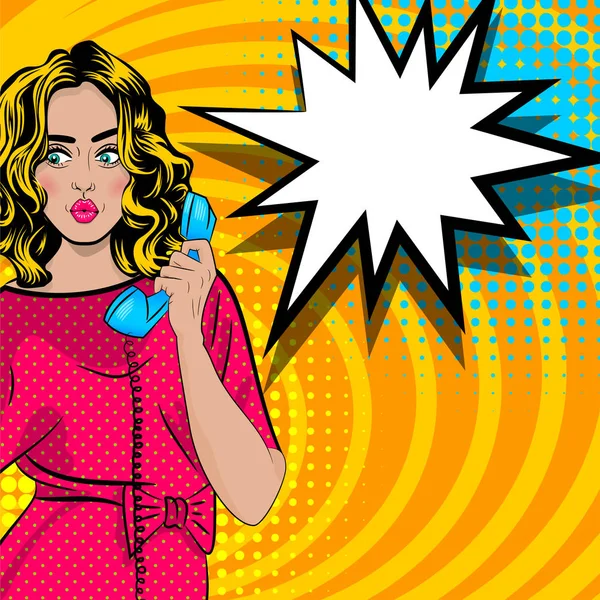 Мультфильм поп-арта о женщинах, говорящих с помощью ручного ретро-телефона — стоковый вектор
