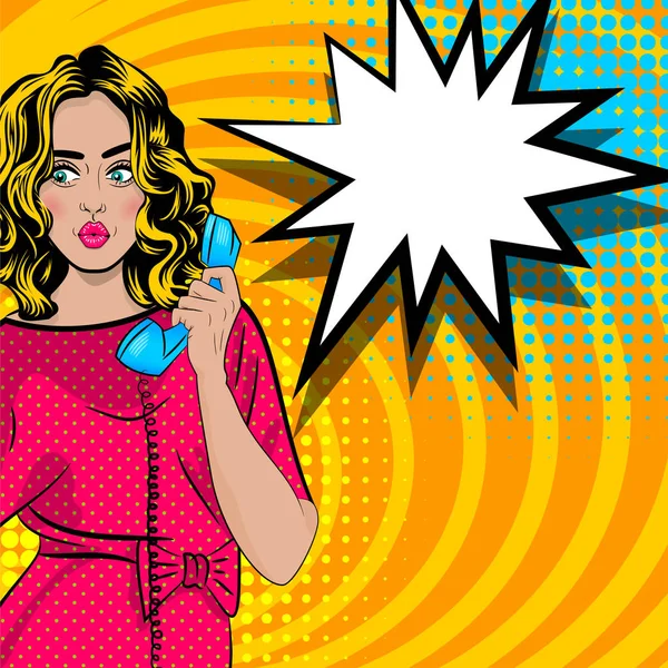 Popart cartoon vrouw talk houden hand retro telefoon — Stockvector