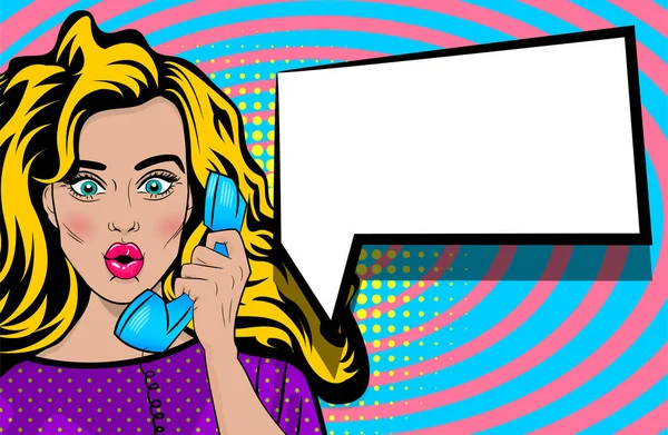 Pop arte falar segurar mão retro telefone cartoon mulher — Vetor de Stock