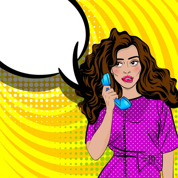 Pop Art Cartoon Frau sprechen halten Hand Retro-Telefon — Stockvektor