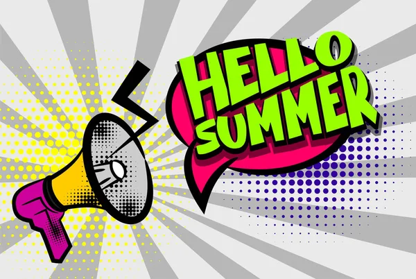 Γεια σας καλοκαίρι κωμικό κείμενο pop art έγχρωμο φούσκα — Διανυσματικό Αρχείο