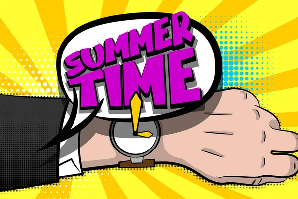 Summer time comic text hand watch pop art — Stock Vector