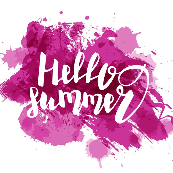 Hello summer purple colored hand lettering — Stock Vector