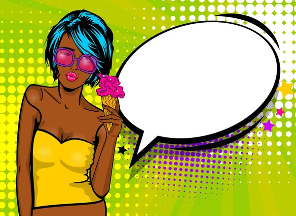 Fresca donna pop art fumetto discorso di testo palloncino — Vettoriale Stock