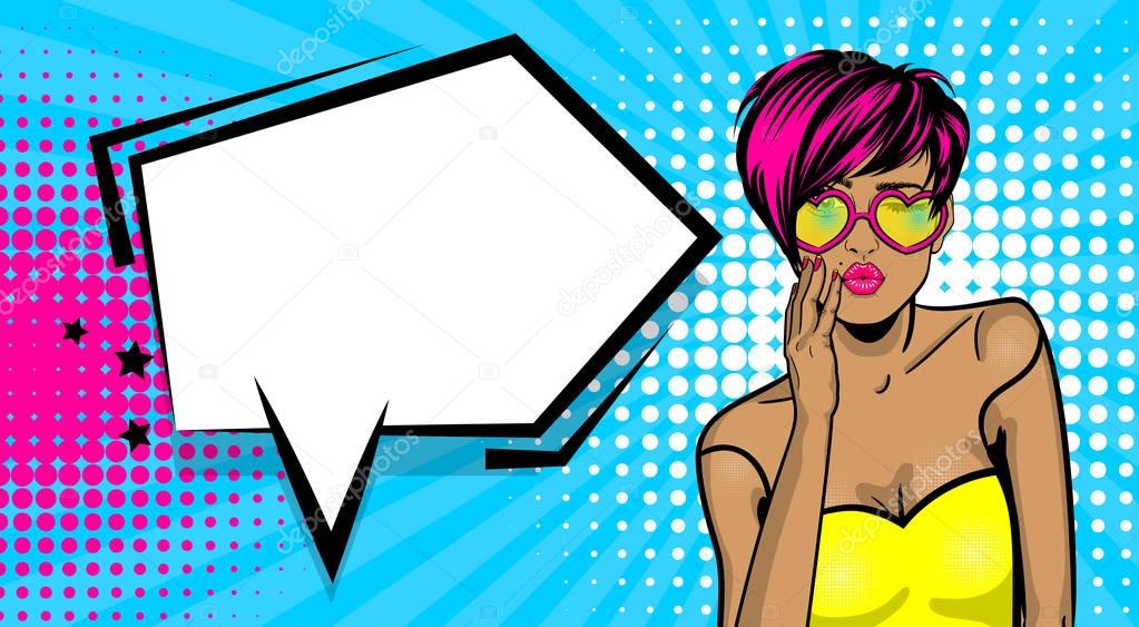 Cool woman pop art comic text speech bubble