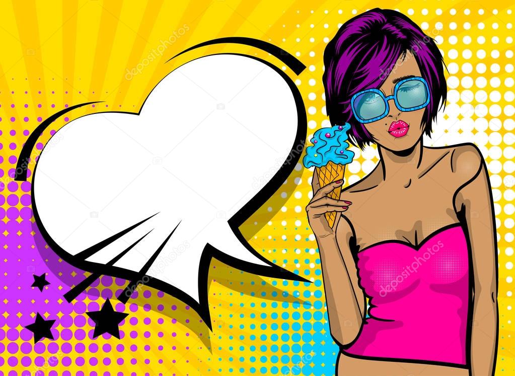 Cool woman pop art comic text speech heart box