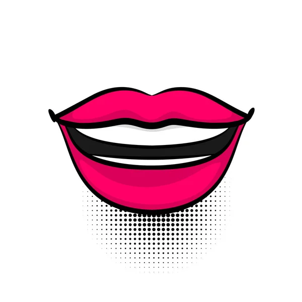 Pop-art žena úsměv, odvahu, otevřete rty, wow zubu, zubní. Komiks knihy dívka tvář těla část kuch. Karikatura dívka rtěnka label výraz označení. Zvláštní náladu emoce zvukové efekty. Vektorové ilustrace. - Ilustrace