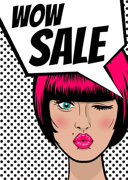 Pop art woman WOW Sale banner speech bubble