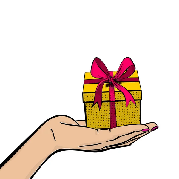 Pop arte mujer mano celebrar regalo caja cinta — Vector de stock